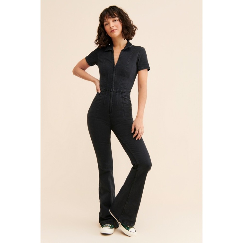 Free People We The Free Jayde Flare Denim Jumpsuit Black Short Sleeve Size M